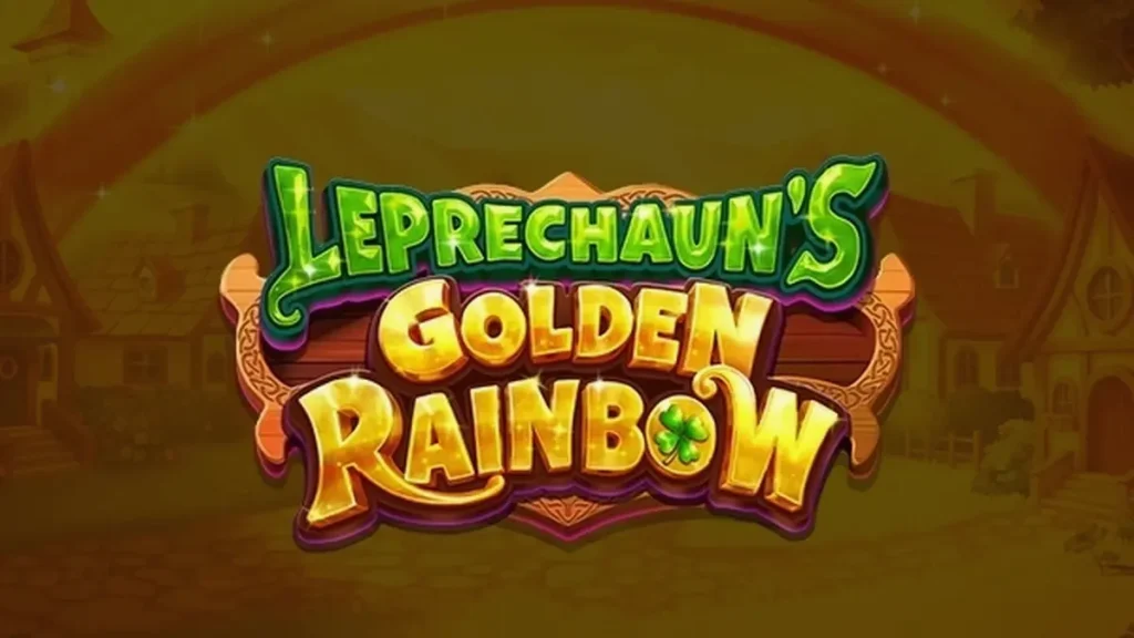 Tampilan layar game slot Leprechaun's Golden Rainbow dengan tema pelangi dan leprechaun, gaya arcade 90-an.