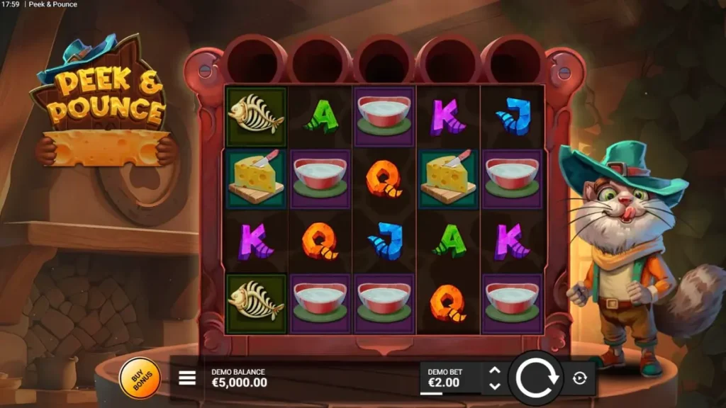 Visual karakter kucing Señor Pounce dalam slot Peek & Pounce