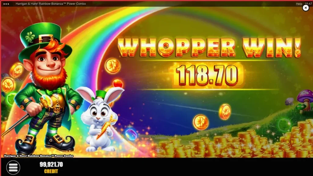Tampilan visual slot Harrigan & Hare Rainbow Bonanza Power Combo dengan tema Irlandia