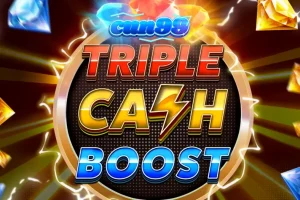 Tampilan layar permainan slot Triple Cash Boost dengan tema neon futuristik dan simbol buah-buahan yang menyala.